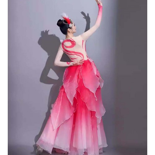Pink petals flamenco dance dresses for women girls Opening dance big swing skirt Female modern contemporary solo dance costume for female